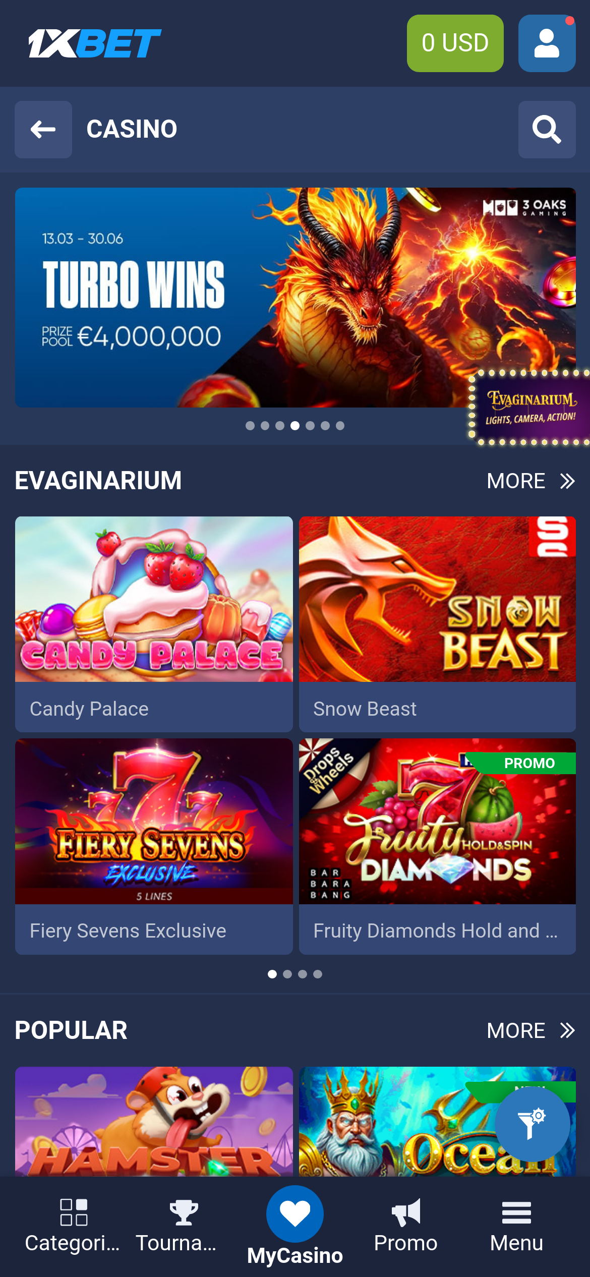 Captura de pantalla de la plataforma del casino 1xBet